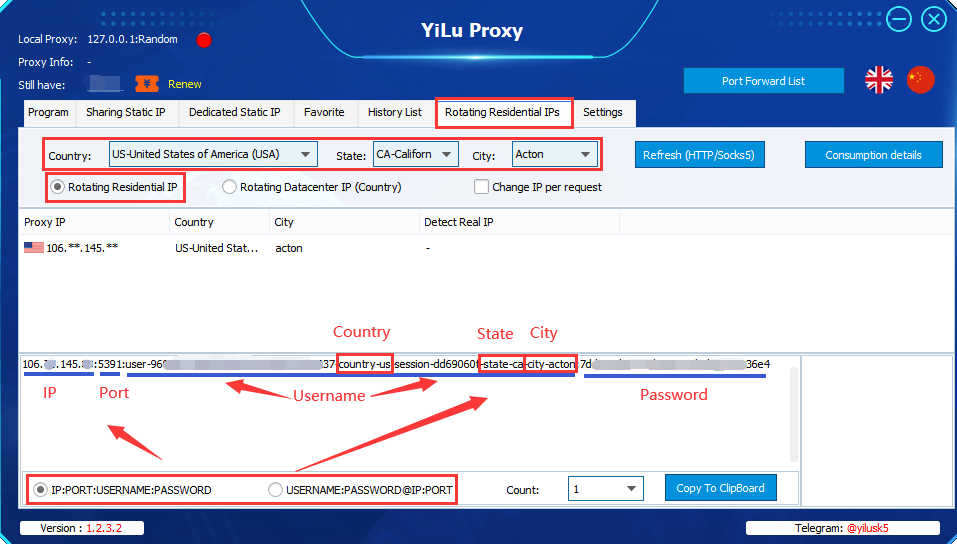 View rotating IP account, password, & country information